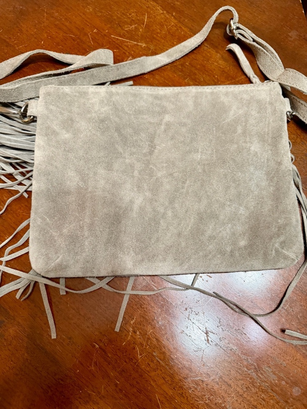 Suede Fringe Crossbody Bag – Neutral Taupe / Beige - Picture 2 of 3